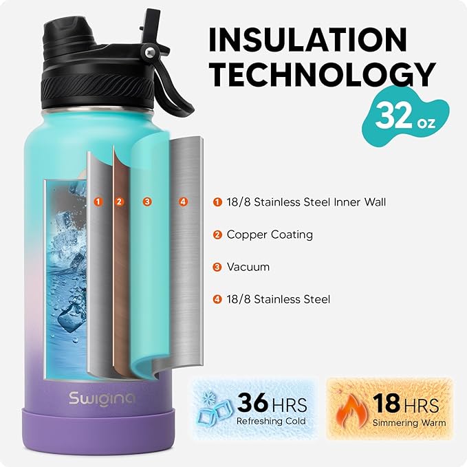 Swigina [2-IN-1 LID] Insulated Water Bottle with Silicone Boot (36hrs Cold/18hrs Hot) - DIY Stickers, Leakproof, BPA Free, 32 oz