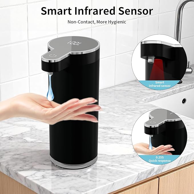 Automatic Liquid Soap Dispenser, 304 Stainless Steel Bottle Body &12 oz/350ml Rechargeable, 4 Adjustable Liquid Levels, IPX5 Waterproof for Bathroom,Kitchen,Hotel(Stainless Steel for Liquid Soap)