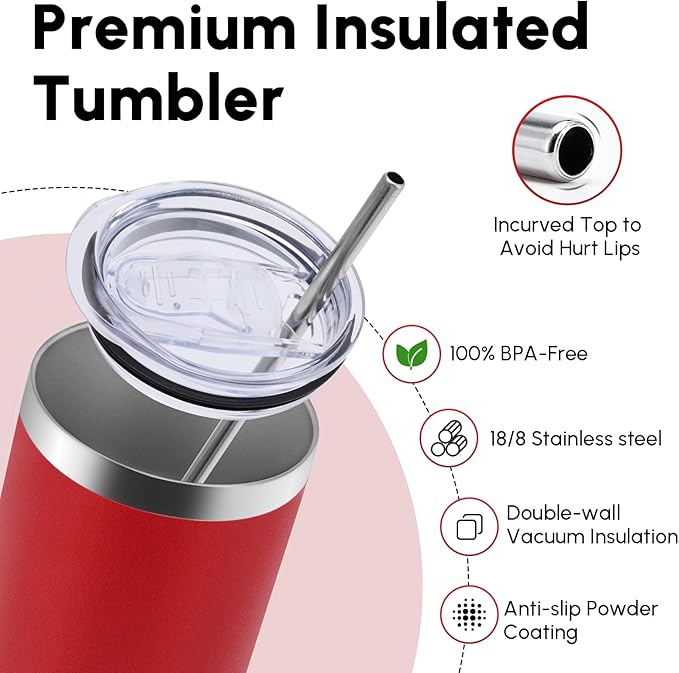 Volhoply 8 Pack Skinny Tumblers with Lid and Straw, 20oz Stainless Steel Straight Tumbler Bulk, Vacuum Insulated Coffee Mug for Home, Office, Travel, DIY (Red,8 Pack)