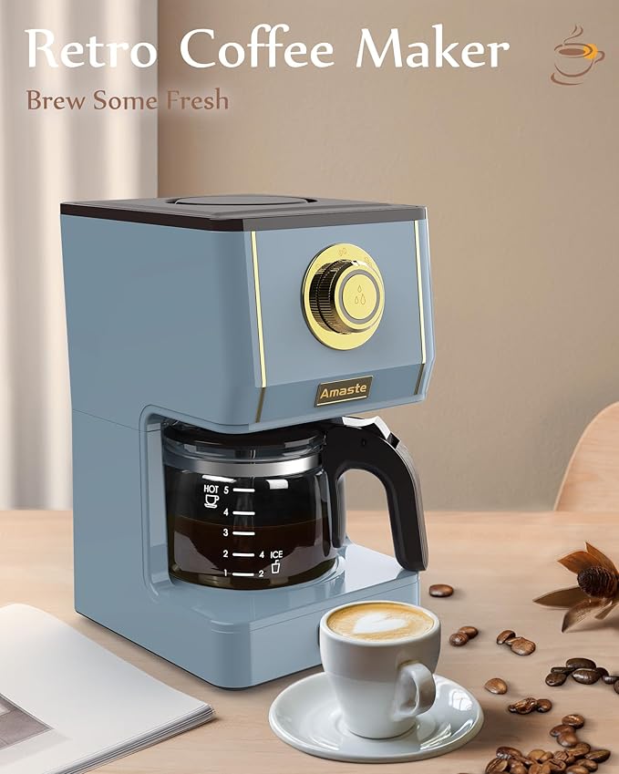 Amaste Coffee Maker, 5 Cup Coffee Pot with Three Brewing Modes, Retro Coffee Maker with Glass Carafe & Reusable Coffee Filter, Drip Coffee Maker Ideal for Home or Office, Warming Plate, Ash Blue