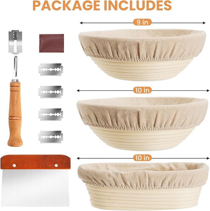 Banneton Bread Proofing Basket, Kikcoin Round Oval Proofing Basket Set of 3 (9" Round & 10" Round & 10" Oval), Sourdough Proofing Basket with Linen Liner, Bread Lame, Metal Scraper