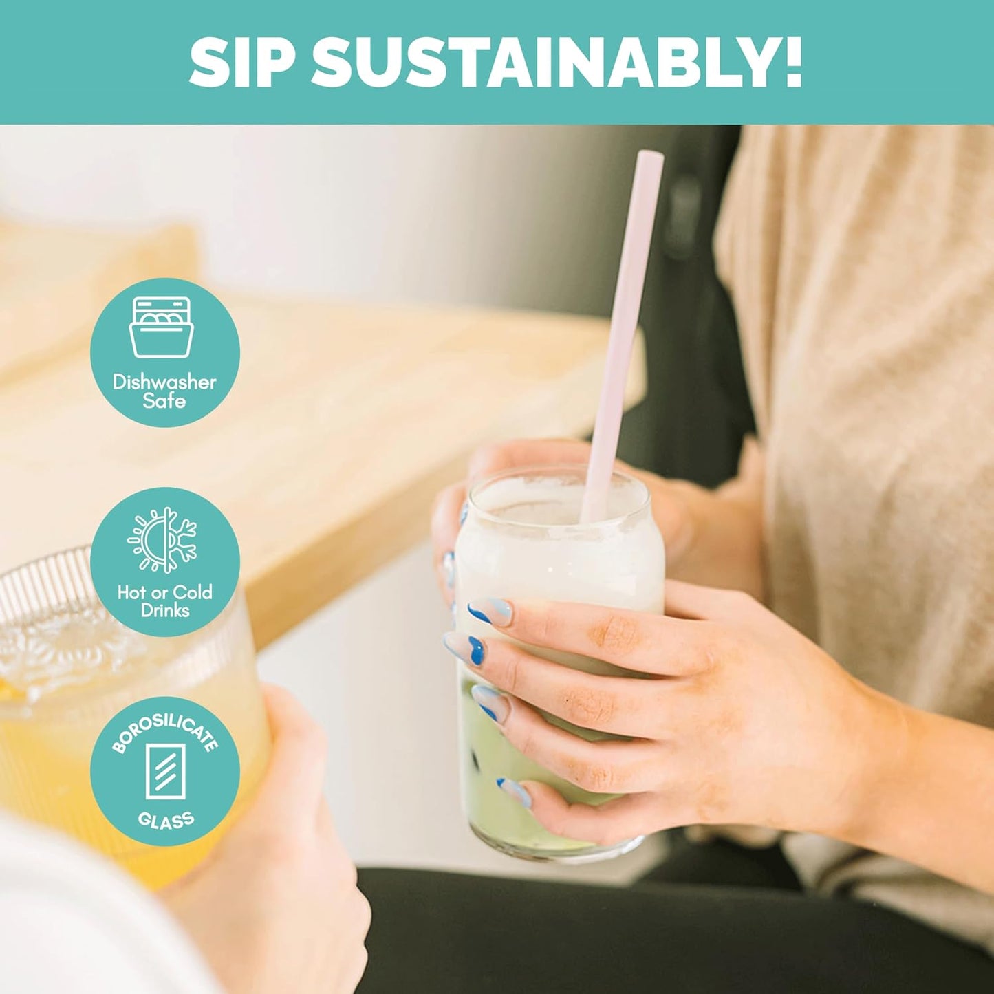 Simply Straws 8 Inch Glass Straws Straight (6-Pack) – Reusable Glass Straws for Pints & Juice Drinkware, with Cleaning Brush – Dishwasher Safe, Hot & Cold Use, BPA-Free (Cote d'Azur)