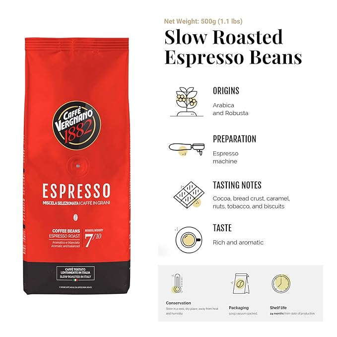 Caffe Vergnano Espresso Coffee Beans Whole, 1.1lb bag - Medium Roast Arabica Robusta Coffee Beans, Chocolate & Caramel Notes - Perfect for Espresso Machine, Moka Pot, French Press, Drip Coffee Maker