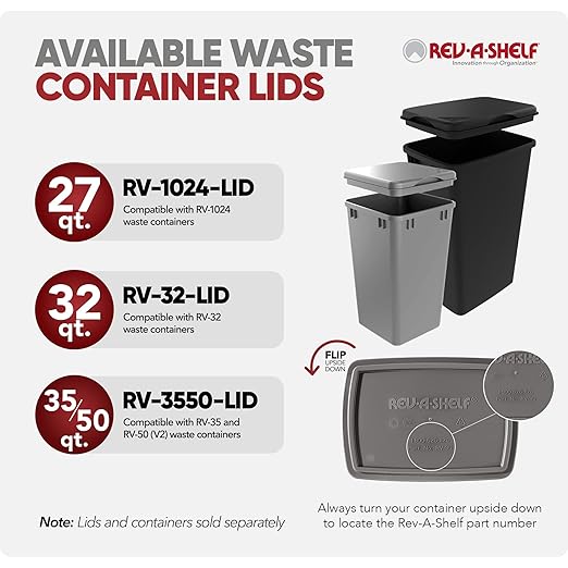 Rev-A-Shelf Polymer Replacement 35 Quart Trash Bin Recycle Waste Garbage Container for Kitchen Cabinet Pullouts, Gray, 2 Pack, RV-35-13-2