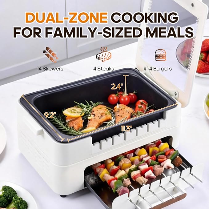 3-IN-1 Skewer Electric Indoor Grill - 1000W Electric Grill with 360° Auto-Rotating, Smokeless Indoor Grill with 3 Cooking Modes, Temperature Adjustable, Removable Tempered Glass Lid