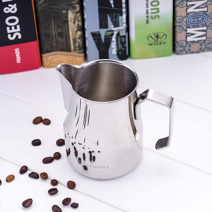 Easyworkz Stainless Steel Espresso Cup 2pcs Set Double Wall 2.5 oz, Bundled Espresso Steaming Pitcher Stainless Steel 12 oz Coffee Frothing Picther Milk Jug Cappuccino Latte Art Cup