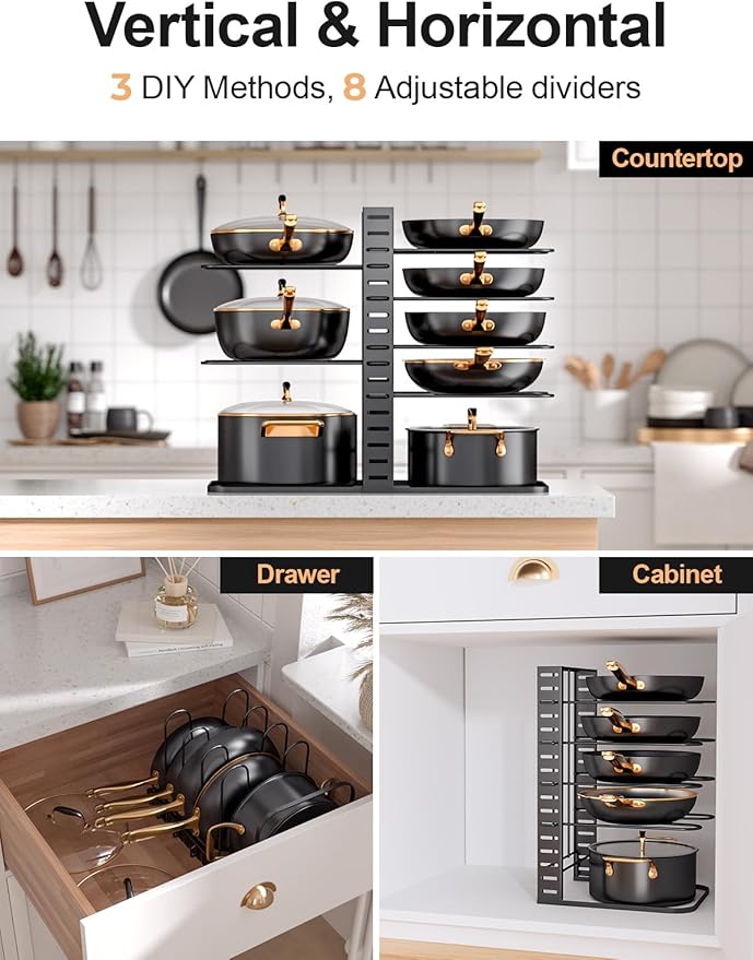 MUDEELA Pots and Pans Organizer Rack under Cabinet 14.55in Height, 8-Tiers Adjustable Pot Rack with 3 DIY Methods, Pot Lid Organizer inside Cabinet for Kitchen Pantry Organization and Storage