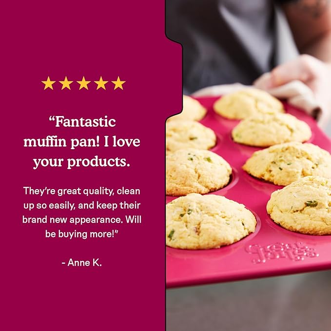 Great Jones Stud Muffin (Raspberry) | Nonstick 12-Cup Muffin Pan | Dual-Layer Nonstick Coating | Chemical-Free & Nontoxic | Oven-Safe to 450°F | Warp-Resistant & Easy Cleanup