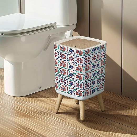 Small Trash Can with Lid Mexican vintage talavera tiles seamless pattern theme Fashionable Red Wastebasket with Press Cover Dog Proof Garbage Can Waste Bin for Kitchen Bathroom Nursery 2.6 Gallon