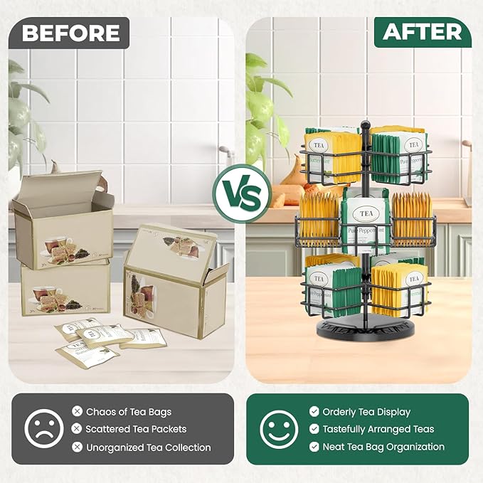 EsLuker.ly Tea Bag Holder Organizer for Counter 3 Tier Metal Teabag Storage Rack, Spinning Carousel Packet Display Stand, Tea Organizer Station with Easy Access for Kitchen Office, Black