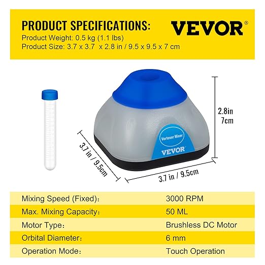 VEVOR Vortex Mixer, 3000rpm Mini Vortex Mixer Shaker, Touch Function Scientific Lab Vortex Shaker, Mix Up to 50ml, 6mm Orbital Diameter for Test Tube, Tattoo Ink, Nail Polish, Eyelash Adhesives, Paint