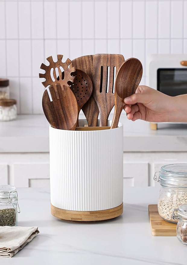 LoeJan 7.5" Utensil Holder, 3 Compartment Ceramic Kitchen Utensil Holder with Cork Bottom, Large Utensil Crock for Countertop, Cooking Tool Organizer Set for Kitchen Counter(White,Vertical Stripe)