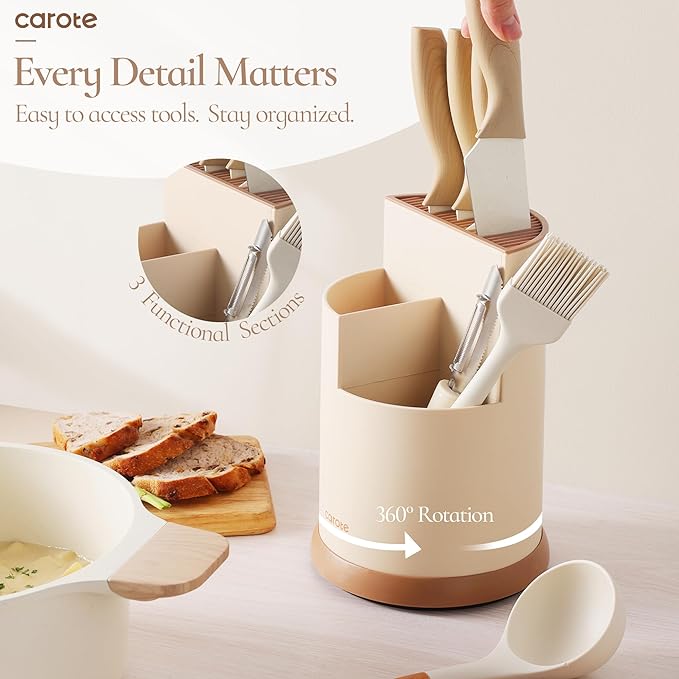 CAROTE 13Pcs Kitchen Utensils Set with 360 Rotating Knife Block, Heat Resistant Cooking Utensils Set with Wooden Handle, Kitchen Knife Sets with Nonstick Ceramic Surface, Cream White