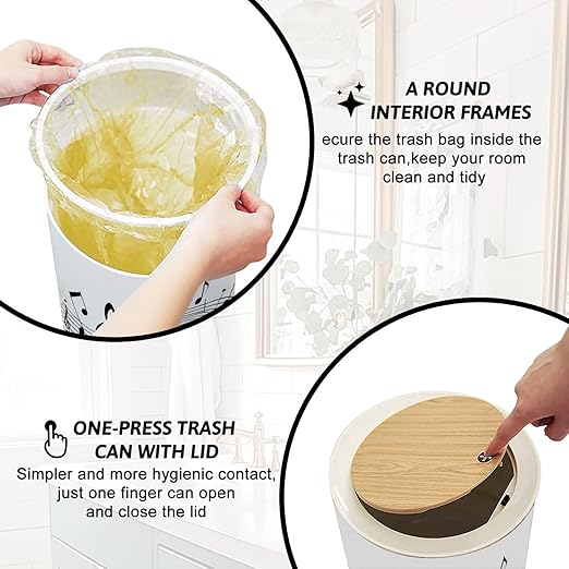 Trash Can with Lid Musical notes stave line symbols for staff music key note theme Treble Press Top Round Small Garbage Bin with Wooden Legs Waste Basket for Kitchen Bedroom Nursery 7L/1.8 Gallon