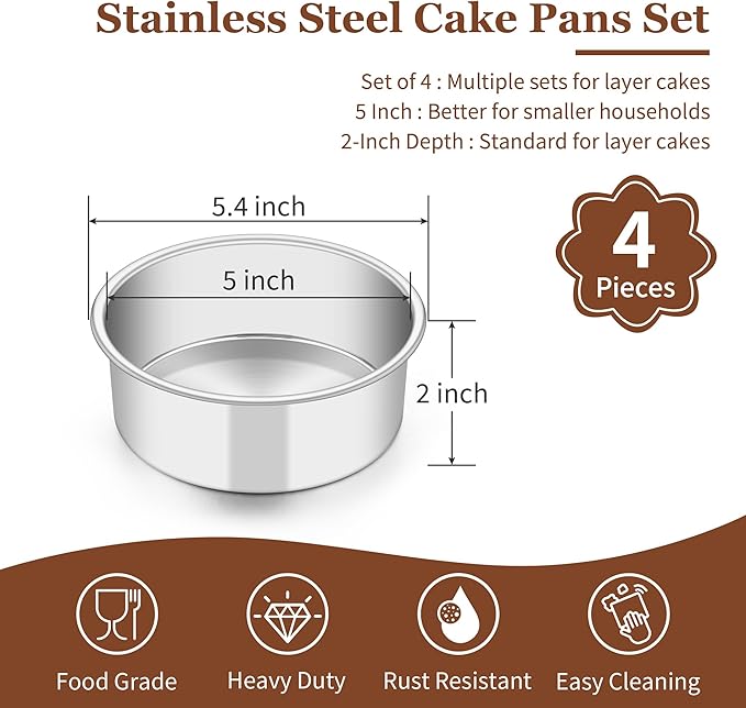 TeamFar 5 Inch Cake Pan Set of 4, Stainless Steel Small Layer Cake Baking Pans Tins, Round Bakeware for Birthday Wedding Party, Non-Toxic & Healthy, Mirror Finish & Dishwasher Safe