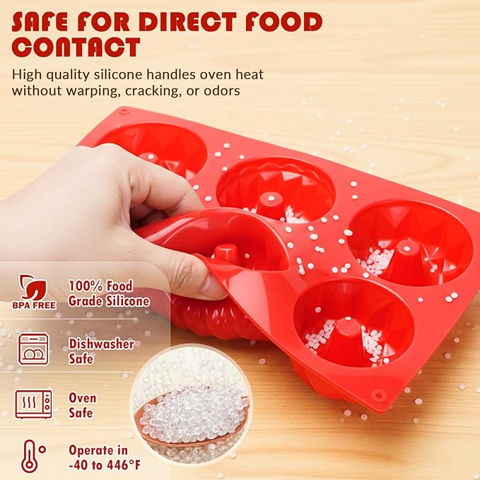 HKMTT Small Silicone Buntz Pan, Mini Fluted Tube Rum Cake Baking Molds, 6 Cavities 2 Pack 3 Shaped BPA Free Oven Safe Food Grade Non Stick Moulds