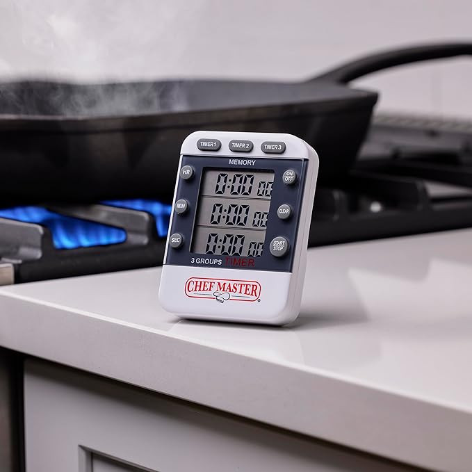 3-Channel Digital Timer by Chef Master, Triple Channel Count Up/Down Kitchen Digital Timer for Cooking, Roasting, Grilling, Marinade, Boiling, Baking, Pocket Clip, Stand & Magnet for Hands Free -90271