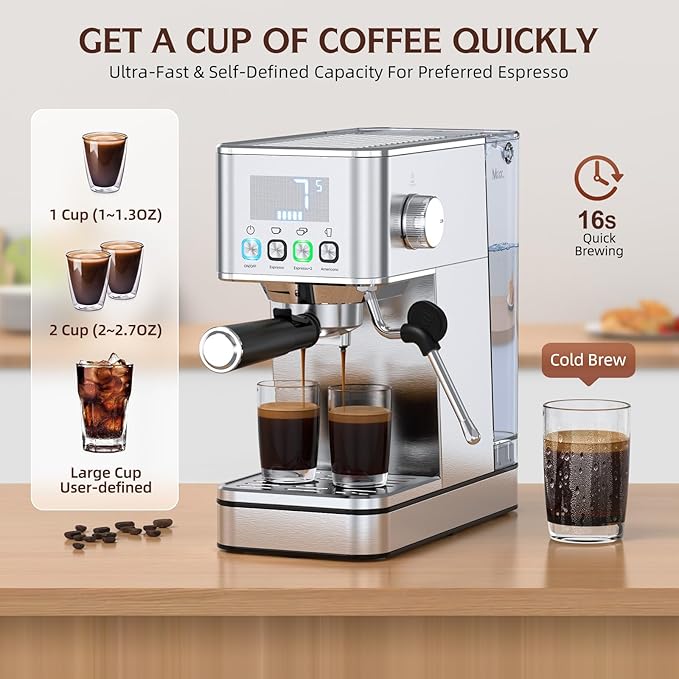 Espresso Machine 20 Bar, Stainless Compact Espresso Maker with Steam Milk Frother, 57.5OZ Water Tank, Touch Screen Indicator of Making Time, for Latte, Cappuccino, Silver Give to Family 2026