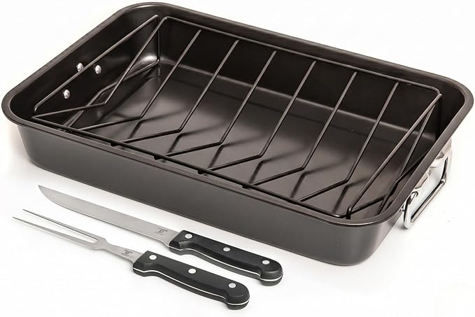 Moss & Stone 16.5” Roasting Pan with Rack – Heavy Duty Nonstick Carbon Steel Turkey Roaster, Large Rectangular Oven Pan with V-Rack, Bonus Carving Fork & Chef Knife