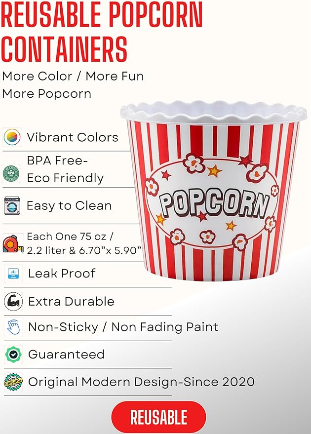 Modern Style Reusable Plastic Popcorn Box/Popcorn Containers/Popcorn Bowls Set for Movie Theater Night - (BPA Free - 6 Pack-75 oz) (6, MIX)