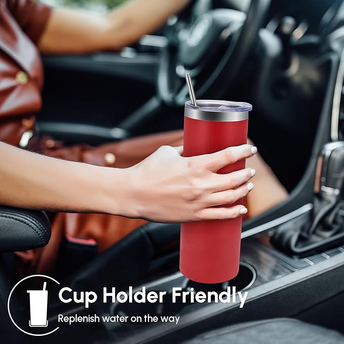 Volhoply 4 Pack Skinny Tumblers with Lid and Straw, 20oz Stainless Steel Straight Tumbler Bulk, Vacuum Insulated Coffee Mug for Home, Office, Travel, DIY (Red,4 Pack)
