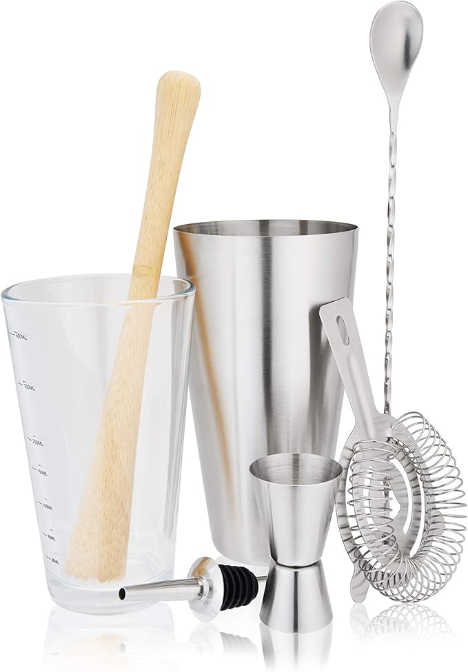 True 7-Piece Barware Set for Mixed Drinks and Cold Brew Cocktails, Includes Boston Cocktail Shaker Tin, Mixing Glass, Jigger, Muddler, Strainer, Bar Spoon, Pour Spout for Home Bar, Bartender Gifts