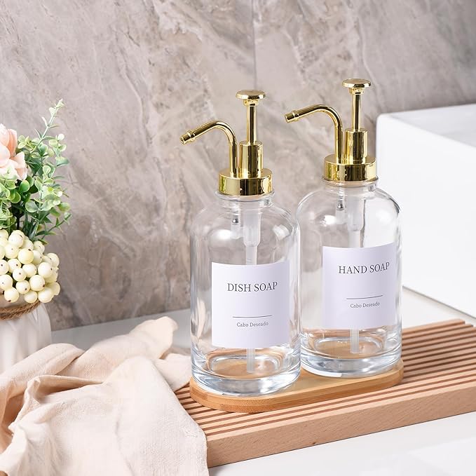 Glass Soap Dispenser with Pump, Dish and Hand Soap Dispenser for Kitchen Bathroom Set, Clear Glass Dispenser Set of 2 Pack with 18 Stickers Funnel Bamboo Tray 500ml 18oz / Each Bottle Gold Pump