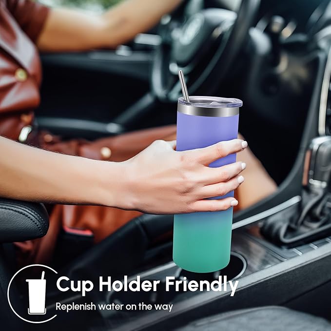 Volhoply 4 Pack Skinny Tumblers with Lid and Straw, 20oz Stainless Steel Straight Tumbler Bulk, Vacuum Insulated Coffee Mug for Home, Office, Travel, DIY (Purple Green,4 Pack)