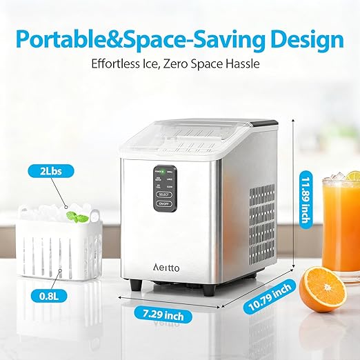 Aeitto Ice Maker Countertop 26lbs/24H, Ice Machine 8 Ice Cubes Ready in 6 Mins, 2 Sizes of Bullet Ice Portable Ice Makers with Basket & Scoop, Auto Self-Cleaning for Home/Kitchen/Office Stainless