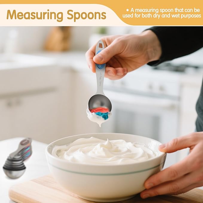 Magnetic Measuring Cups and Spoons Set, 5 Stainless Steel Measuring Cups, 7 Magnetic Measuring Spoons & 1 Leveler, 3 Plastic Measuring Cup with 1 Measuring Conversion Chart