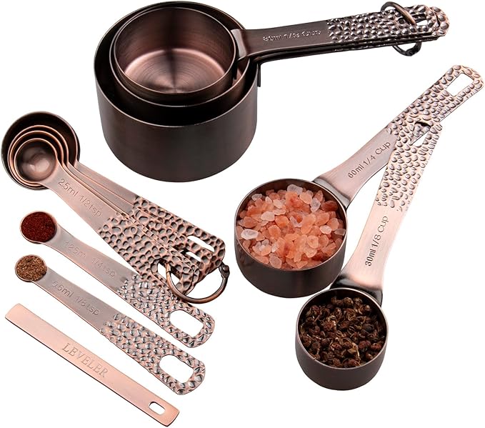 Copper Plated Measuring Cups and Spoons set, Stainless Steel Measuring Cups and Spoons Set for Baking & Kitchen, Cute Metal Metric & US Measure Cup and Spoon with Leveler & 1/8 Cup