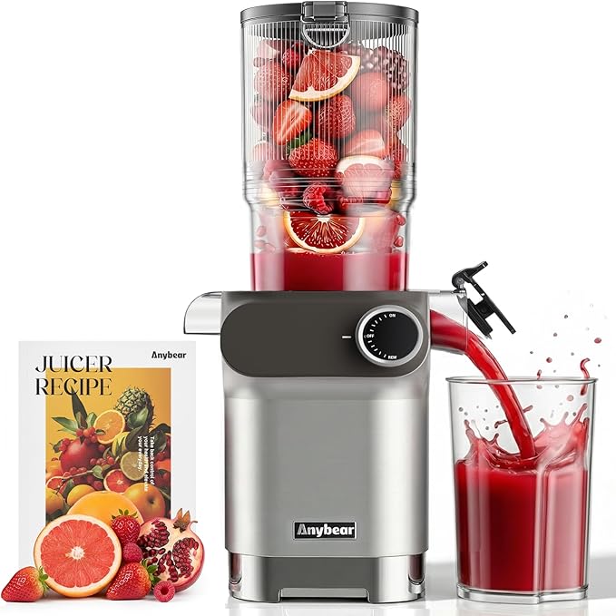 Anybear Cold Press Juicer 200W Masticating Slow Juicer 4.3" Large Feed Chute Fit Whole Fruits Vegetables | Upgraded Auger | Tritan Material | BPA Free | Juice Recipes (Argent Gray)
