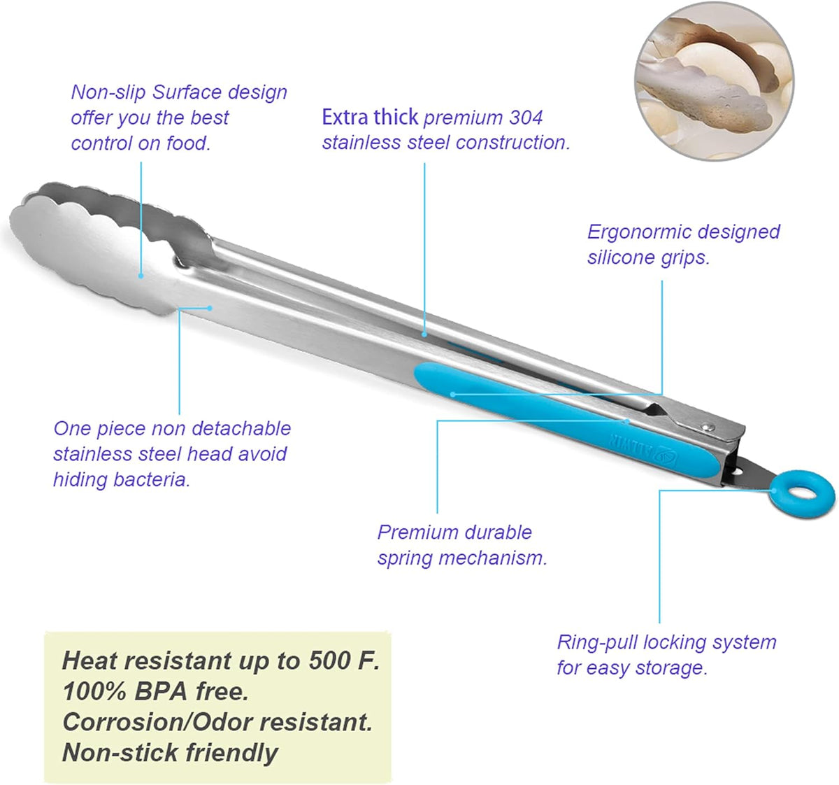 304 Stainless Steel Kitchen Cooking Tongs, 12" and 14" Set of 2 Sturdy Grilling Barbeque Brushed Locking Food Tongs with Ergonomic Grip, Blue
