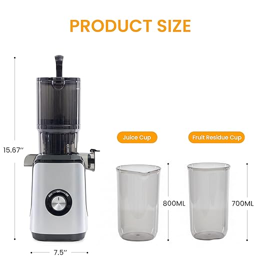 HealSmart Cold Press Juicer, Slow Masticating Juicer Machines with Wide Feed Chute, Fits Whole Fruits and Vegetables, High Juice Yield, BPA Free, Easy to Clean, Silver
