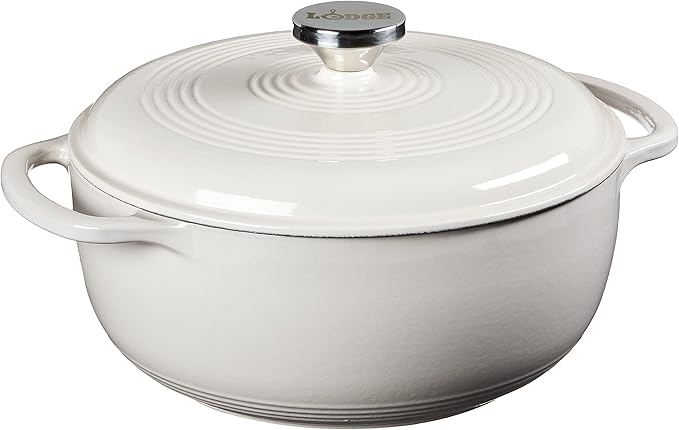 Lodge 4.5 Quart Enameled Cast Iron Dutch Oven with Lid – Dual Handles – Oven Safe up to 500° F or on Stovetop - Use to Marinate, Cook, Bake, Refrigerate and Serve – Oyster White