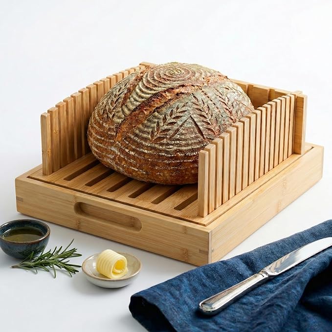 10.5" Extra Sourdough Bread Slicer Guide - Premium Bamboo Bread Cutter with Crumb Tray & Serving Board - Artisan Bread Slicing Guide for Homemade Boules, Sourdough Tools & Gifts