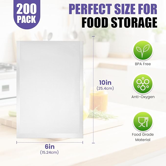 CAREGY Vacuum Sealer Bags 200 Pint 6" x 10" with BPA Free for Food Storage Meal Prep or Sous Vide