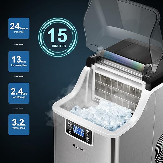 COSTWAY Countertop Ice Maker, 40LBS/24H Portable Compact Ice Machine with Top Inlet Hole, Auto Self-Cleaning Function, 24 pcs Ice Cube in 15 Mins, Ice Scoop and Basket Perfect for Home, Party, Office