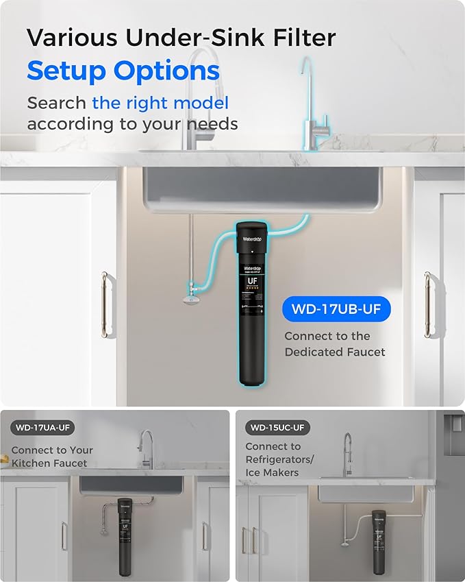 Waterdrop 17UB-UF 0.01 μm Ultra Filtration Under Sink Water Filter System, 3 Years, Reduces Lead, Chlorine, Bad Taste & Odor, with Dedicated Brushed Nickel Faucet