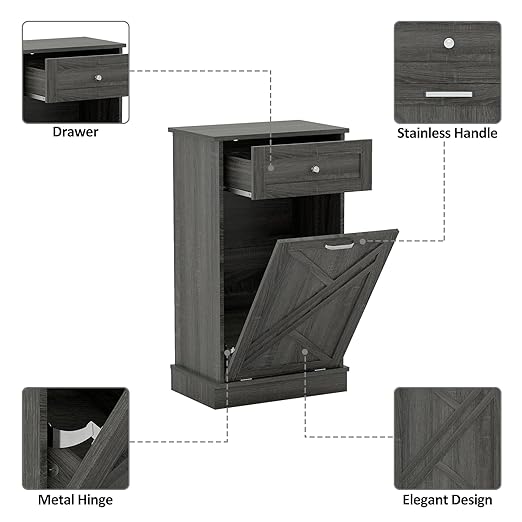 Tilt Out Trash Cabinet-Free Standing Kitchen Waste Bin-Wooden Recycling Trash Cabinet with Drawer-Oak Grey