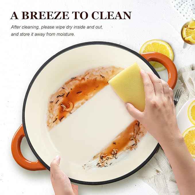 Overmont Enameled Cast Iron Dutch Oven - 7QT Pot with Lid Cookbook & Cotton Potholders - Heavy-Duty Cookware for Braising, Stews, Roasting, Bread Baking orange