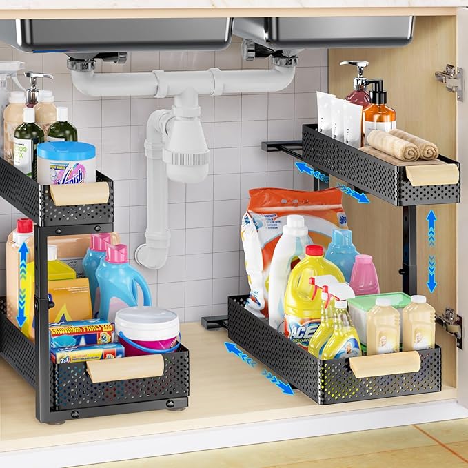 Under Sink Organizers and Storage,2 PACK 5 Height Adjustable Kitchen Cabinet Organizer,2 Tiers Pull Out Drawer Shelves Metal Slide Tray Organizer for Kitchen Bathroom