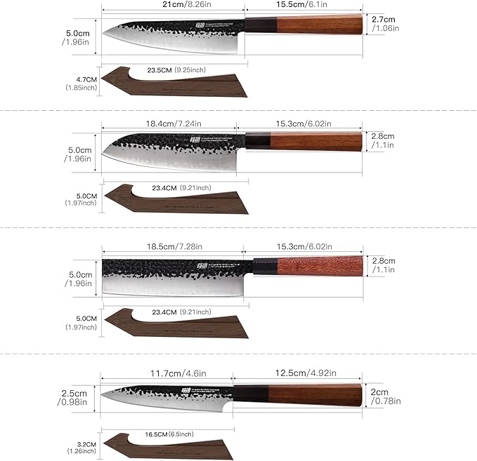 FINDKING Kitchen Knife Set with Individual Wooden Blocks, 4 Japanese Knives with Walnut Edge Guards, High Carbon Steel Blades, for Meat, Fruits, Vegetables, Dynasty Series