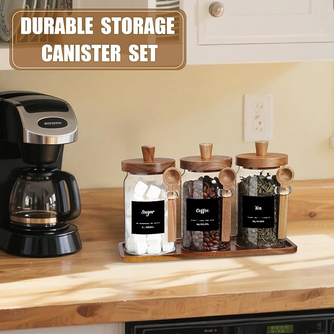 Suclain 3 Pcs Glass Coffee Container with Wooden Lid Spoon Shelf Labels Clear Airtight Jar Food Storage Canister Set for Sugar Spice Coffee Bean Holder Housewarming Gift(25 oz,Acacia Brown)