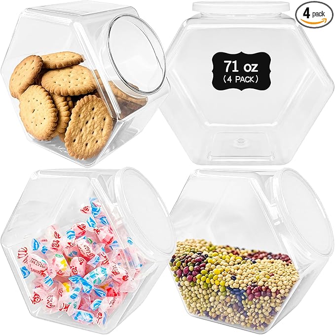 Woozettn 4 Pcs Plastic Candy Jars,71 Oz Clear Plastic Cookie Jars,Hexagonal Candy Containers with Lids for Kitchen,Dry Food,Candy,Dog Food,Cookies,Coffee Pod,Laundry Pod
