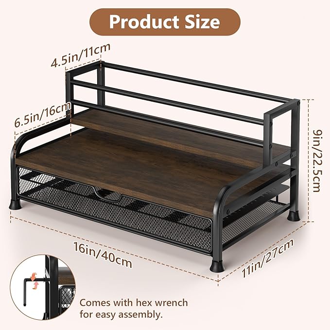 Coffee Syrup Rack Organizer, 3-Tier 8 Bottles Syrup Rack with Pod Holder Drawer for Nespresso Pods, Holds up to 30 Big or 40 Small Capsules, Countertop Coffee Bar Organizer for Kitchen Cafe