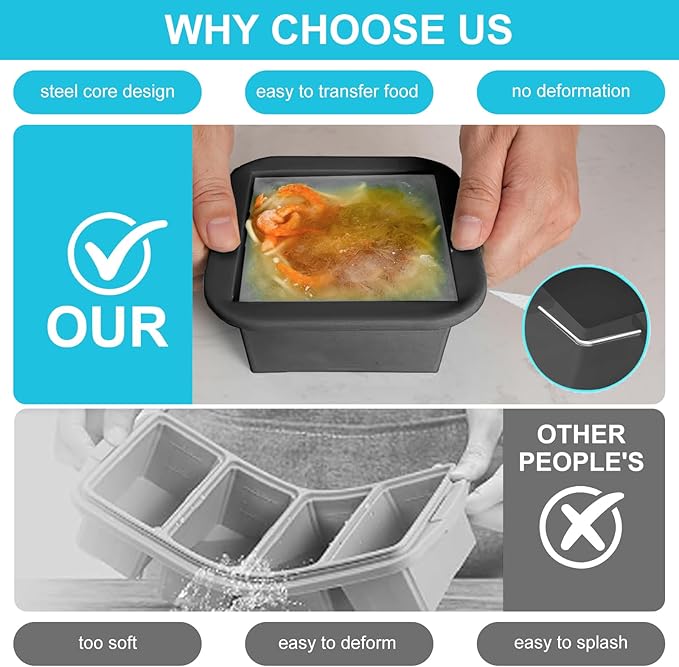 Silicone Freezer Tray with Lid 2 Pack Silicone Freezer Molds Ice Cube Tray Makes 2 Perfect 2 Cup Portions Soup Cubes Meal Prep Containers- Oven & Dishwasher Safe