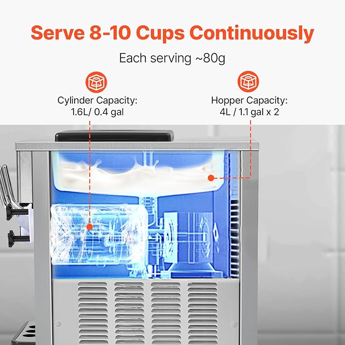 VEVOR Commercial Ice Cream Machine, 21 QT/H Soft Serve Ice Cream Maker with LCD Panel Auto Clean 3-Flavor Pre-cooling for Restaurant Snack Bar