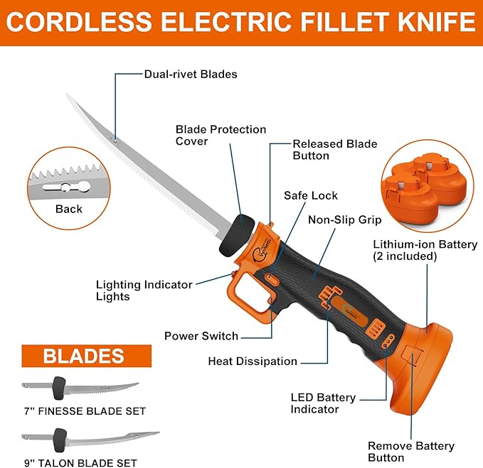 Cordless Electric Fillet Knife with 7'' and 9'' Stainless Steel Non-Stick Blades, Rechargeable Electric Knife for Fish with Non-Slip Grip Handle, 2 Batteries and Portable Case For Outdoor Fishing