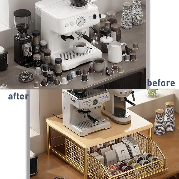 Funecy Coffee Pod Drawer Holder,Coffee Machine Storage Rack,Home Kitchen Counter Coffee Bar Organizer,Storage Basket Drawer (Gold)